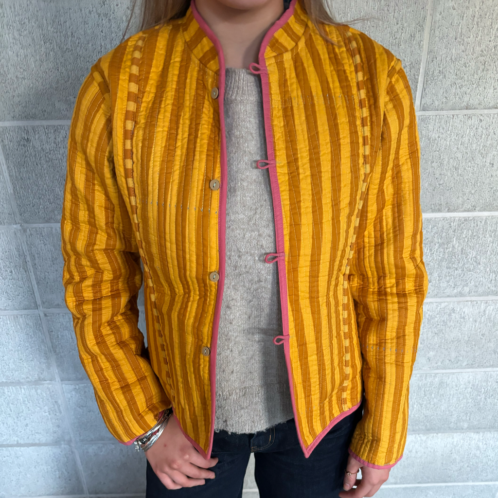 ColourStory mustard and yellow striped reversible jacket, with pink trim