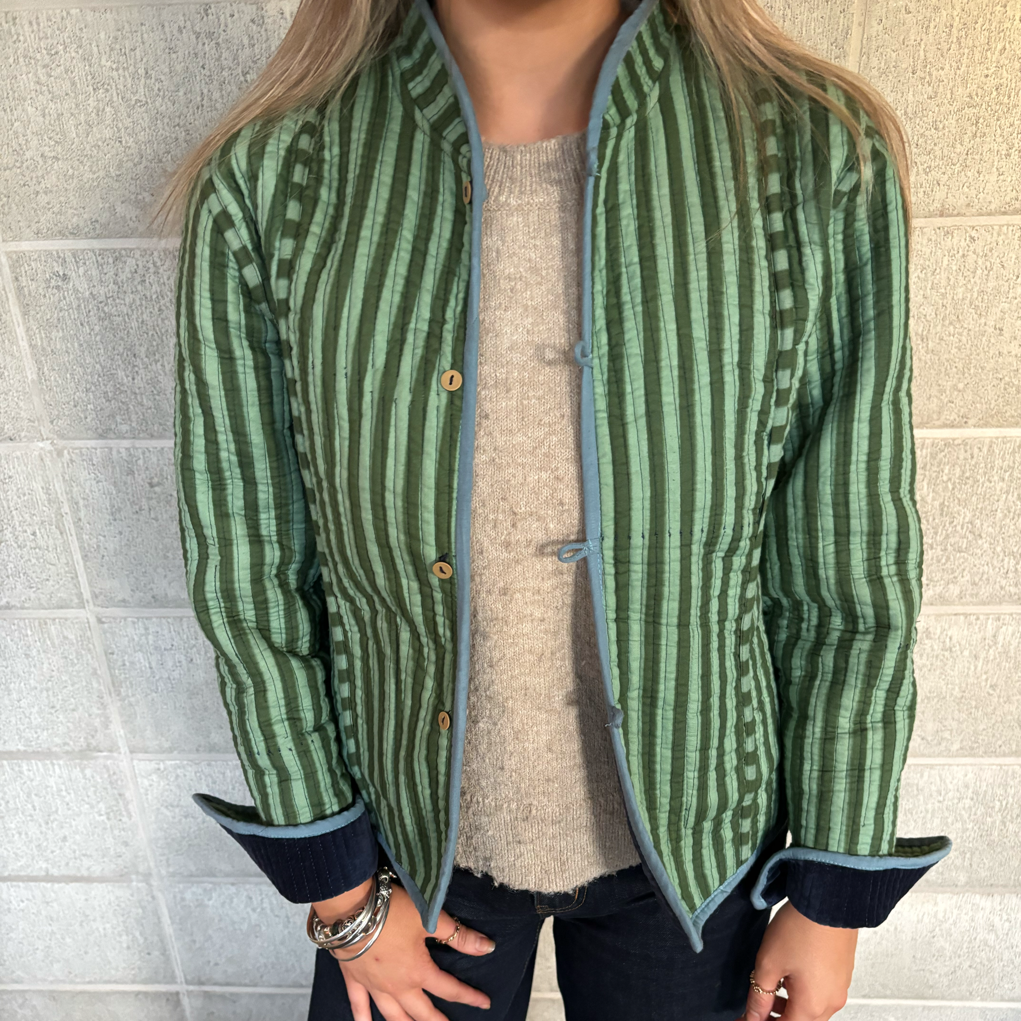 Striped reversible jacket in forest and sage green