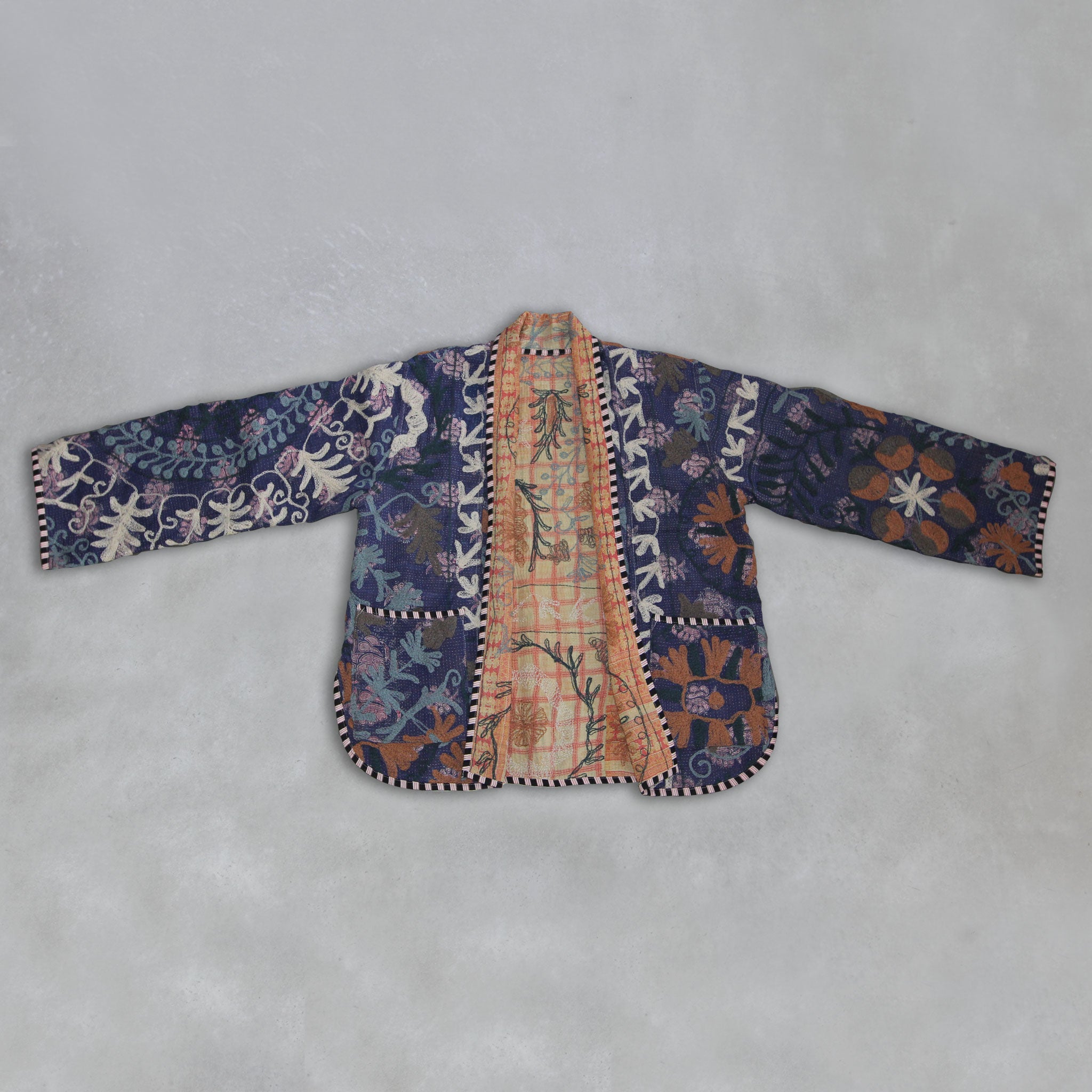 Ink coloured Kantha Jacket with cream reversible inside